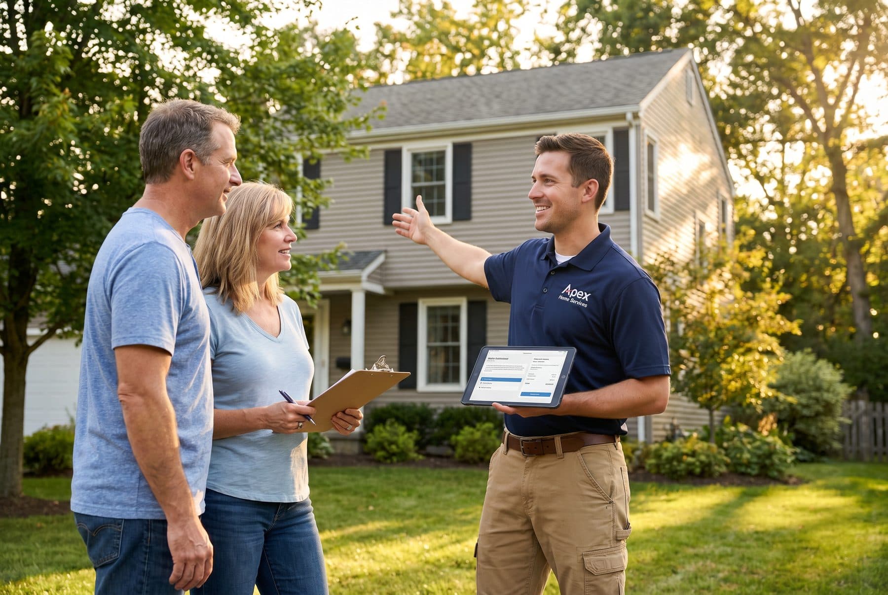 Professional home service contractors meeting with homeowners
