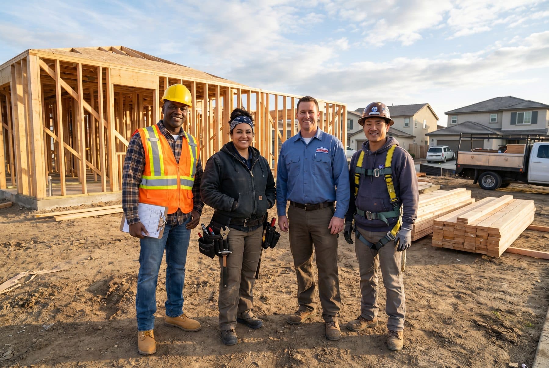 Professional tradespeople including plumber, HVAC tech, electrician, and roofer