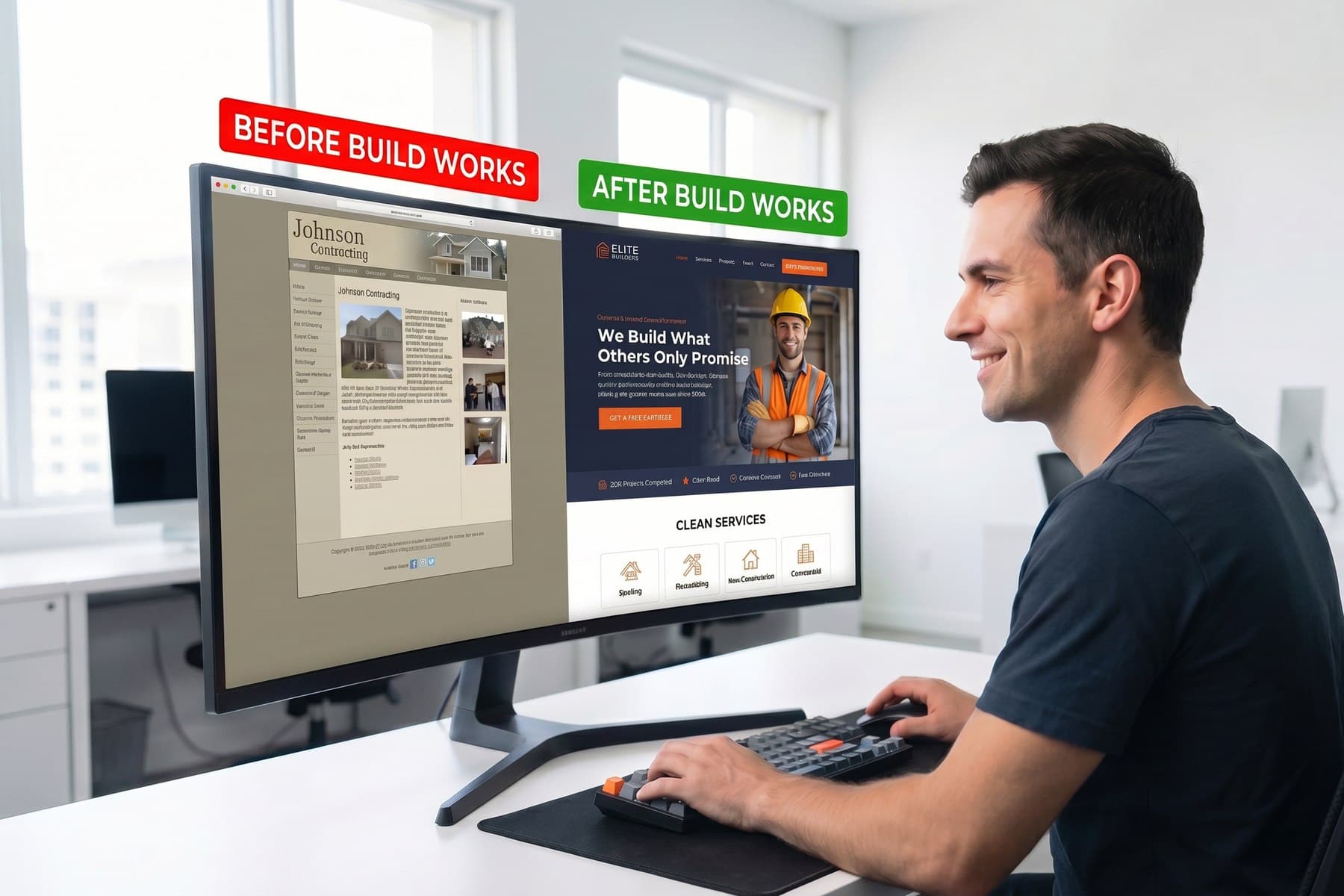 Before and after Build Works Digital website transformation for contractors