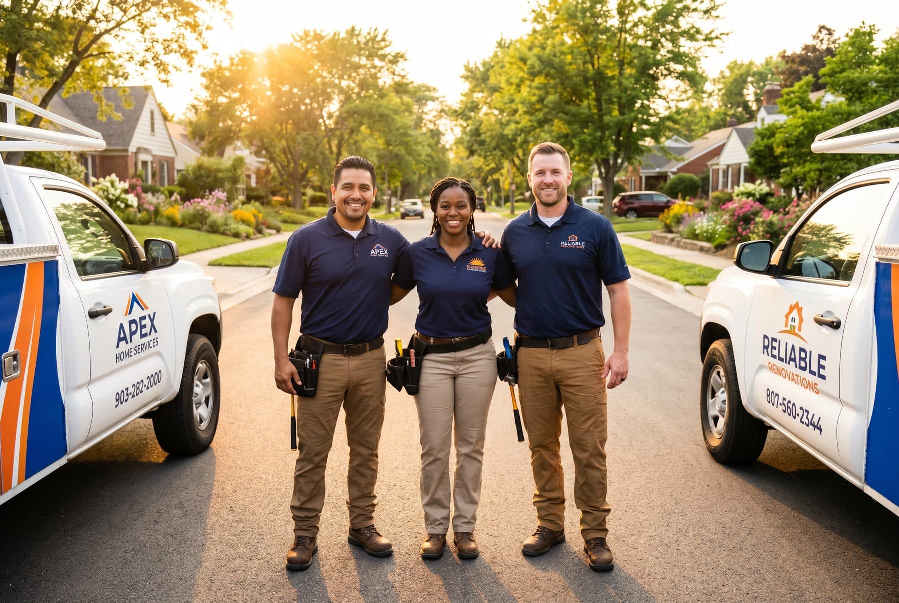 Successful home service business owner in front of branded work truck